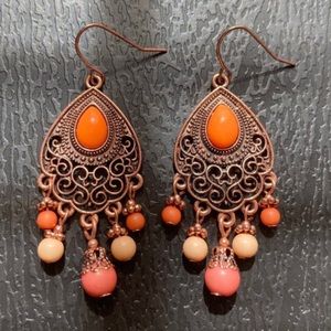 Boho Pink Beads Earrings, Orange Carved Flower Earrings, Vintage Dangle Earrings